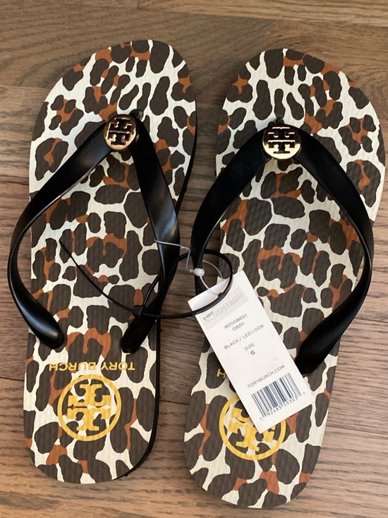 Tory Burch Shoes - Tory Burch Black Strap Flip-Flops with Leopard-Print Footbed